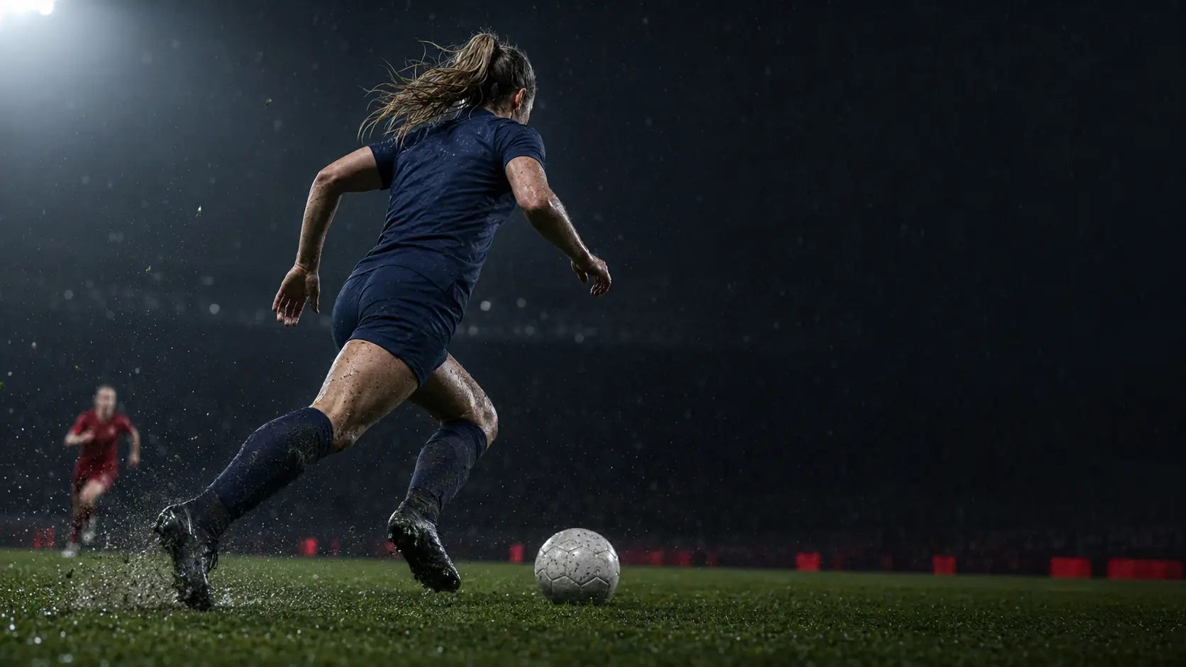 An anonymous footballer drives forward with the ball on a rain-soaked pitch.