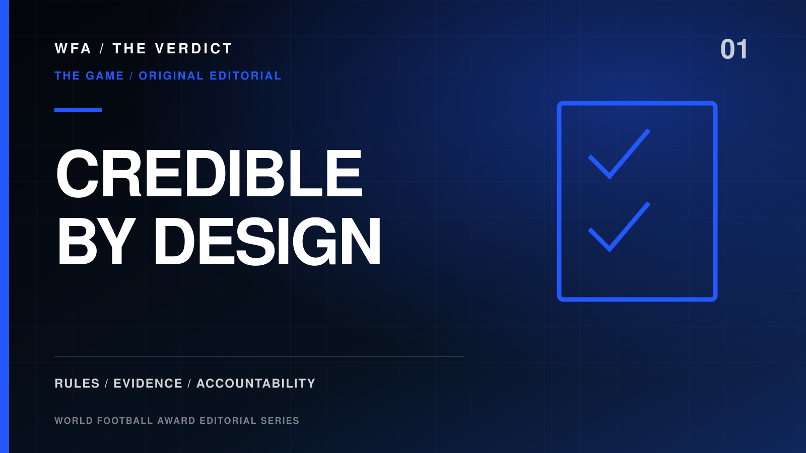 World Football Award Editorial File graphic about credible award design, emphasizing rules, evidence, and accountability.
