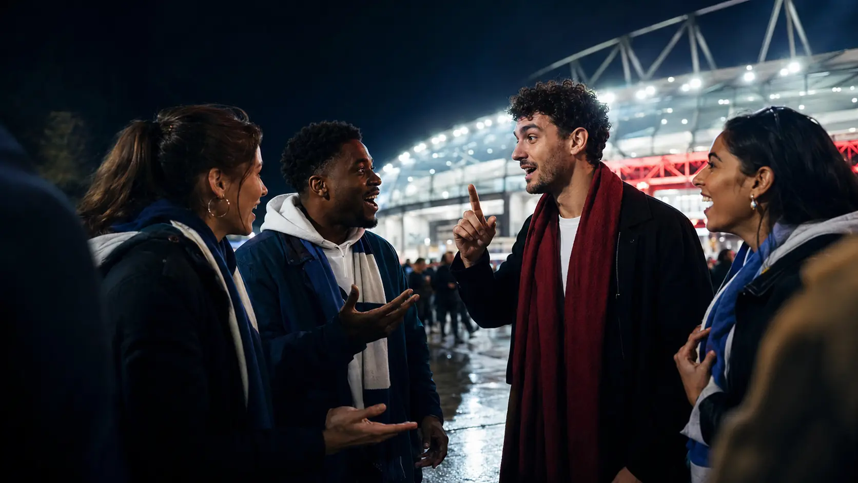 Four young football supporters debate a night match outside the stadium.